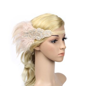 Adult 1920s Flapper Headband with Pink Feathers and Rhinestone Appliqué