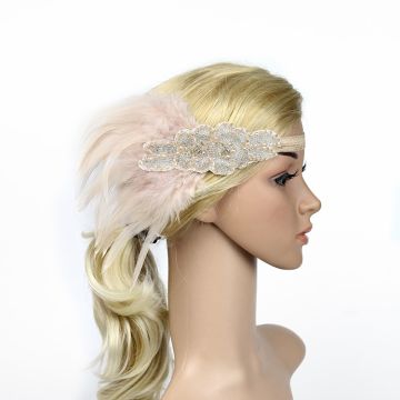 Adult 1920s Flapper Headband with Pink Feathers and Rhinestone Appliqué - alternate view