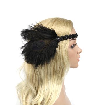 Adult 1920s Black Feather Headband - Art Deco Flapper Gatsby Accessory
