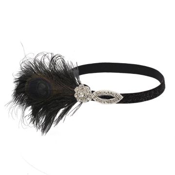 Adult 1920s Flapper Headband - Black Feather Gatsby Headpiece with Rhinestones