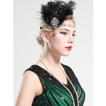 Adult 1920s Flapper Headband - Black Feather & Crystal Gatsby Headpiece