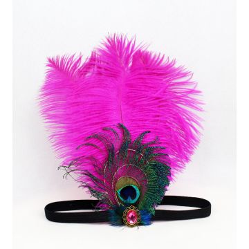 Adult Pink Gatsby Headband with Peacock Feather - 1920s Flapper Accessory