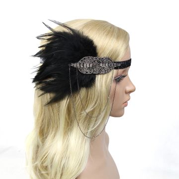 Adult 1920s Flapper Headband - Black Feather & Silver Beaded Art Deco Headpiece