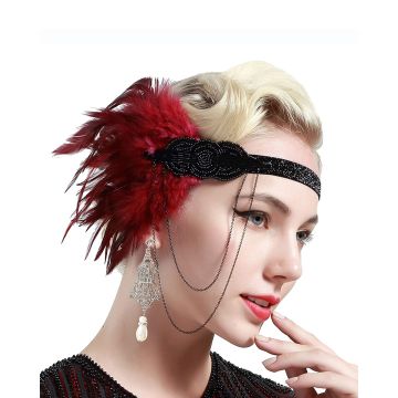 Adult 1920s Flapper Headband - Black Beaded Gatsby Headpiece with Burgundy Feather - alternate view