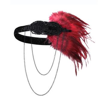Adult 1920s Flapper Headband - Black Beaded Gatsby Headpiece with Burgundy Feather