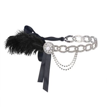 Ladies 1920s Flapper Headband Silver with Black Feather & Pearl Drape