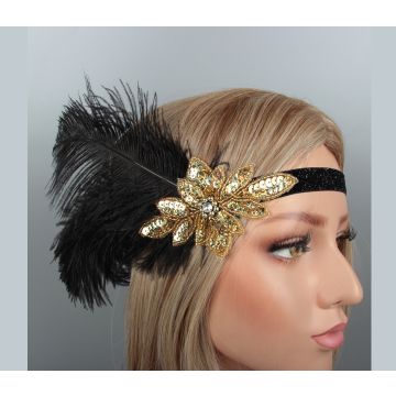 Adult 1920s Gold Sequin Flapper Headband with Black Feather