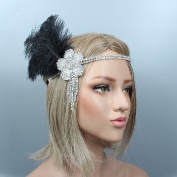 Adult 1920s Flapper Headband - Silver Beaded Gatsby Feather Headpiece