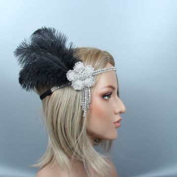 Adult 1920s Flapper Headband - Silver Beaded Gatsby Feather Headpiece - alternate view