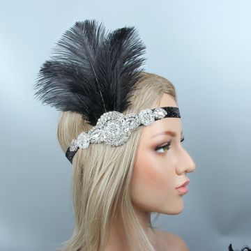Adult 1920s Flapper Headband - Black Feather Gatsby Headpiece with Rhinestones