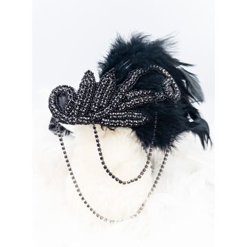 Adult 1920s Flapper Headband - Black Feather Beaded Gatsby Headpiece with Chain Drapes