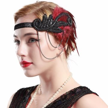Adult 1920s Flapper Headband - Black Beaded Gatsby Feather Headpiece - alternate view