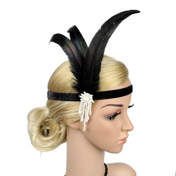 Women's Black Feather Flapper Headband with Pearl 1920s Great Gatsby - alternate view 6
