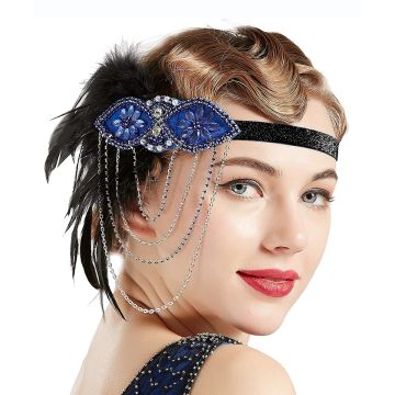 Adult 1920s Flapper Headband - Blue Sequin Gatsby Feather Headpiece