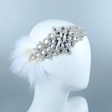 Adult 1920s Flapper Headband with Feather - Silver Rhinestone Gatsby Headpiece