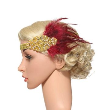 Adult 1920s Flapper Headband - Gold & Burgundy Feather Great Gatsby Accessory - alternate view