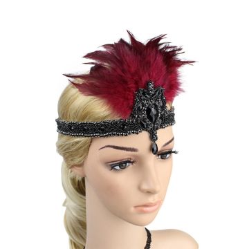 Adult 1920s Flapper Headband - Black Beaded Gatsby Headpiece with Burgundy Feather - alternate view 4