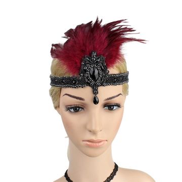 Adult 1920s Flapper Headband - Black Beaded Gatsby Headpiece with Burgundy Feather