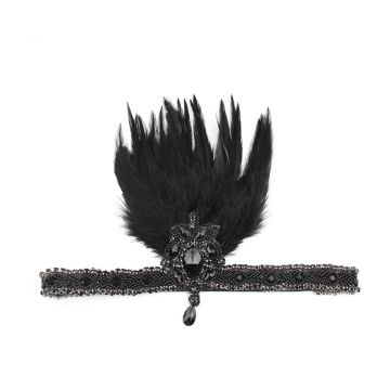 Adult 1920s Black Feather Flapper Headband with Crystal Medallion