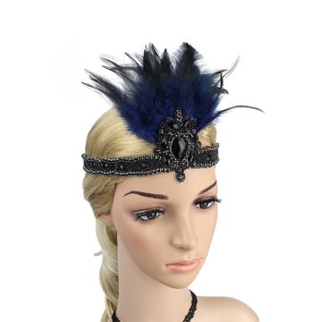 Adult 1920s Flapper Headband - Navy Blue Feather Gatsby Headpiece
