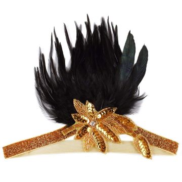 Women's Gold 1920s Flapper Headband with Black Feather - Art Deco Gatsby Accessory