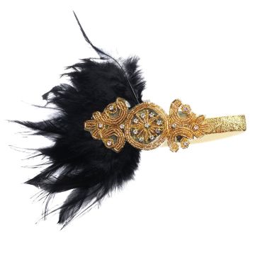 Adult 1920s Flapper Headband - Gold Beaded Art Deco Gatsby Headpiece with Feather