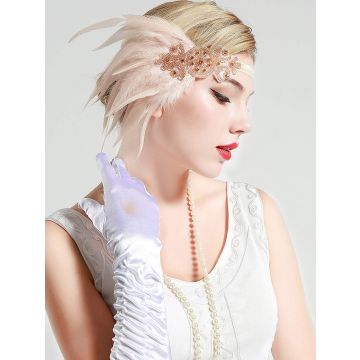 Women's 1920s Flapper Feather Headband - Rose Gold Beaded Art Deco Vintage Gatsby