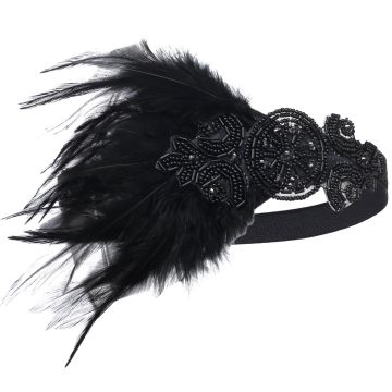 Adult 1920s Black Feather Headband - Flapper Headpiece with Art Deco Beading