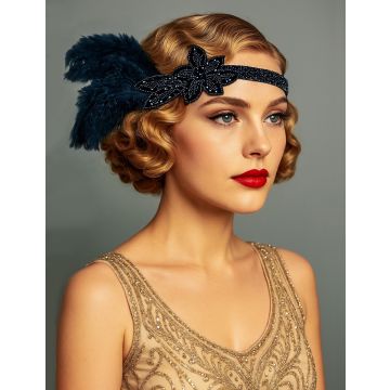 Adult 1920s Flapper Headband with Feather - Black Beaded Gatsby Headpiece - alternate view