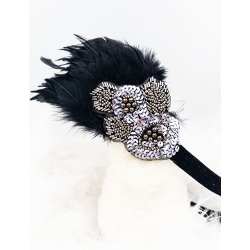 Adult 1920s Flapper Headband - Black Feather Gatsby Headpiece with Silver Sequins