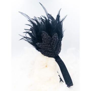 Adult Black Gatsby Headband - 1920s Flapper Feather Headpiece with Beaded Leaf
