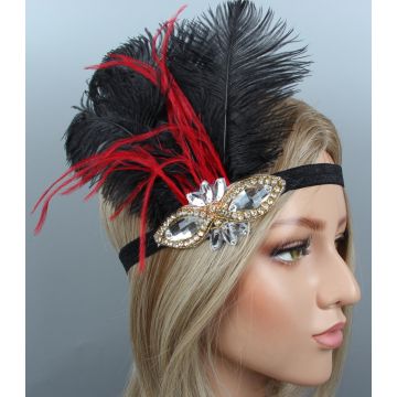 Adult 1920s Flapper Headband - Black Feather Plume with Rhinestone Gatsby Headpiece