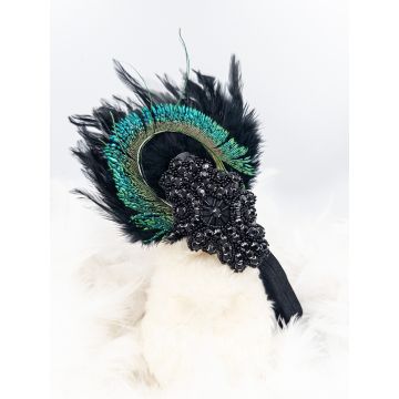 Adult 1920s Flapper Headband - Black Peacock Feather with Beaded Detail