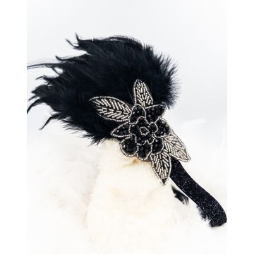 Adult 1920s Black Feather Headband with Silver Beaded Flower - Gatsby Flapper Headpiece