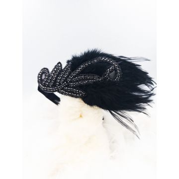 Womens 1920s Flapper Headband - Black Feather Gatsby Headpiece with Art Deco Beading