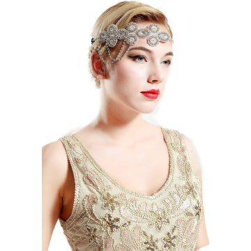 Adult 1920s Flapper Headband - Silver Art Deco Gatsby Headpiece with Rhinestone Chains