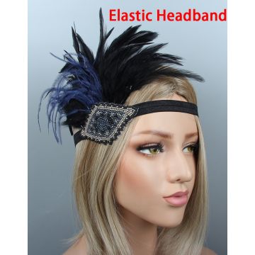 Adult 1920s Flapper Headband with Feathers and Beading - Black Navy Blue - alternate view