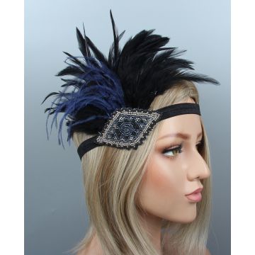 Adult 1920s Flapper Headband with Feathers and Beading - Black Navy Blue