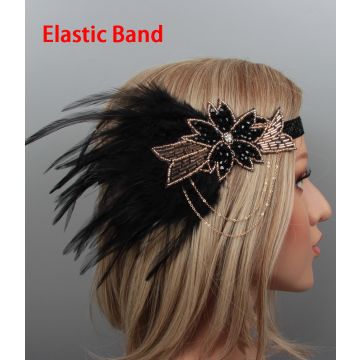 Adult 1920s Flapper Headband with Feather - Black & Rose Gold Gatsby Headpiece - alternate view 3