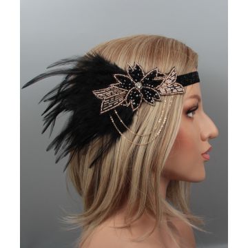 Adult 1920s Flapper Headband with Feather - Black & Rose Gold Gatsby Headpiece