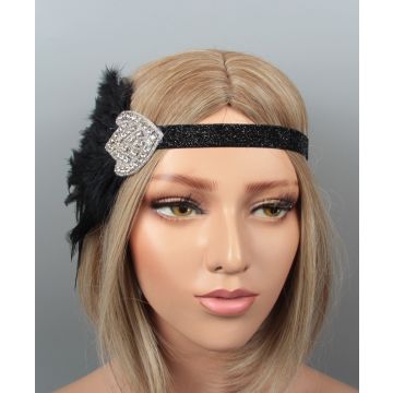 Adult 1920s Flapper Headband - Black Feather & Rhinestone Gatsby Accessory