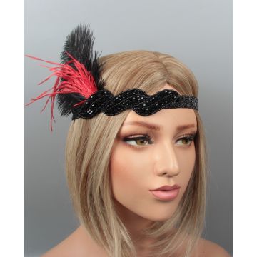 Adult 1920s Flapper Headband - Black Beaded Elastic with Red & Black Feather Plume
