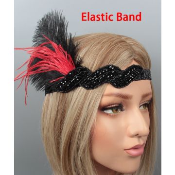 Adult 1920s Flapper Headband - Black Beaded Elastic with Red & Black Feather Plume - alternate view 3