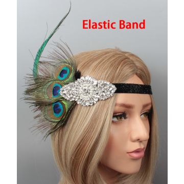 Adult 1920s Flapper Headband with Peacock Feathers and Rhinestone - alternate view 2