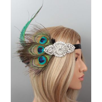 Adult 1920s Flapper Headband with Peacock Feathers and Rhinestone