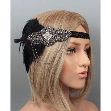 Adult 1920s Flapper Headband with Feather - Black Silver Art Deco Gatsby Headpiece - alternate view