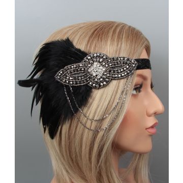 Adult 1920s Flapper Headband with Feather - Black Silver Art Deco Gatsby Headpiece