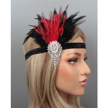 Adult 1920s Flapper Feather Headband - Black Red Crystal Gatsby Headpiece