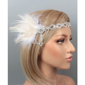 Womens 1920s Flapper Headband - Silver Crystal Gatsby Fascinator with Feather - alternate view 3
