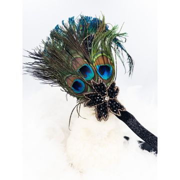 Adult 1920s Peacock Feather Headband - Black Glitter Elastic Flapper Accessory